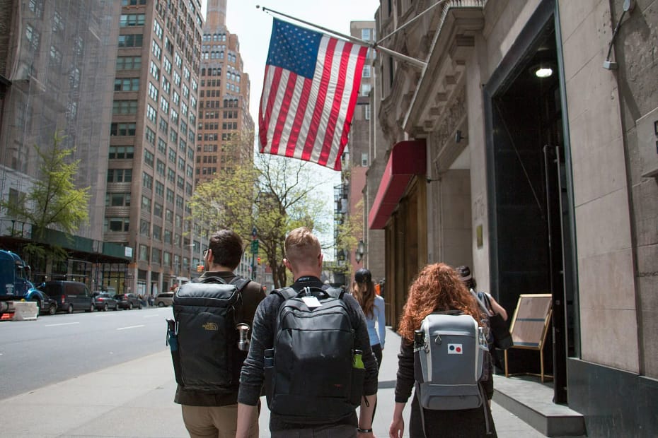 Students walking in streets in USA